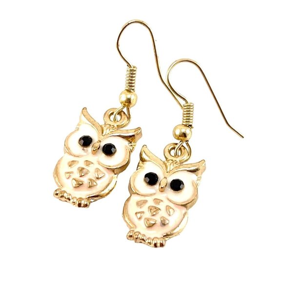Adorable Owl Dangle Earrings With Pink & White Enamel Accents Gold-Tone Hooks Li - Picture 1 of 6